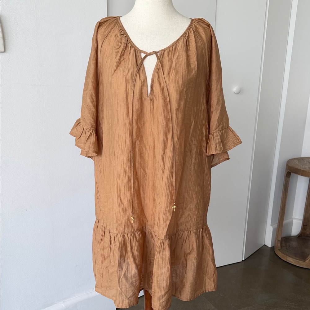 H&M Rust Brown Mini Peasant Dress with Ruffle Sleeves